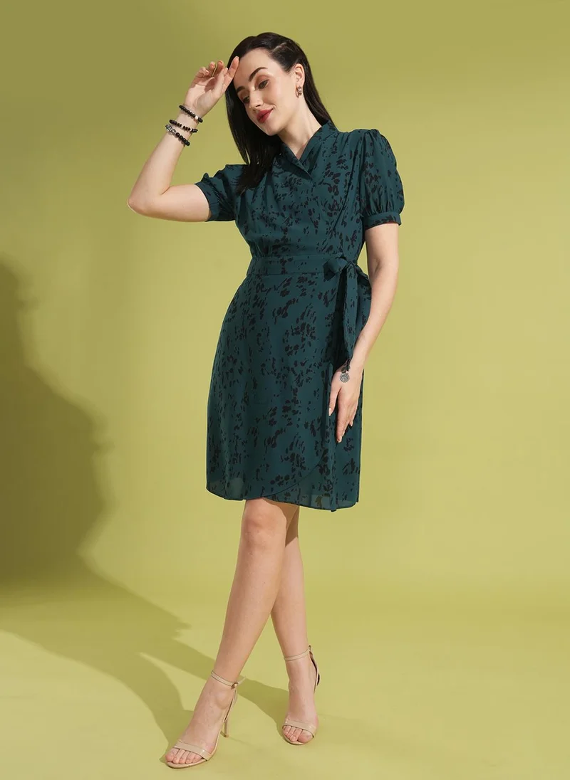 globus Globus Women Animal Printed Puff Sleeves Waist Tie-Up Workwear Wrap Dress With Belt